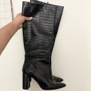 Black Crocodile Skin Patterned Knee High Heeled Boots Size 8